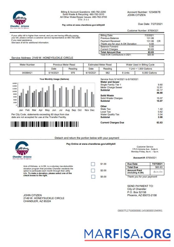 Blank USA Arizona Chandler Utilities bill template in Word and PDF format